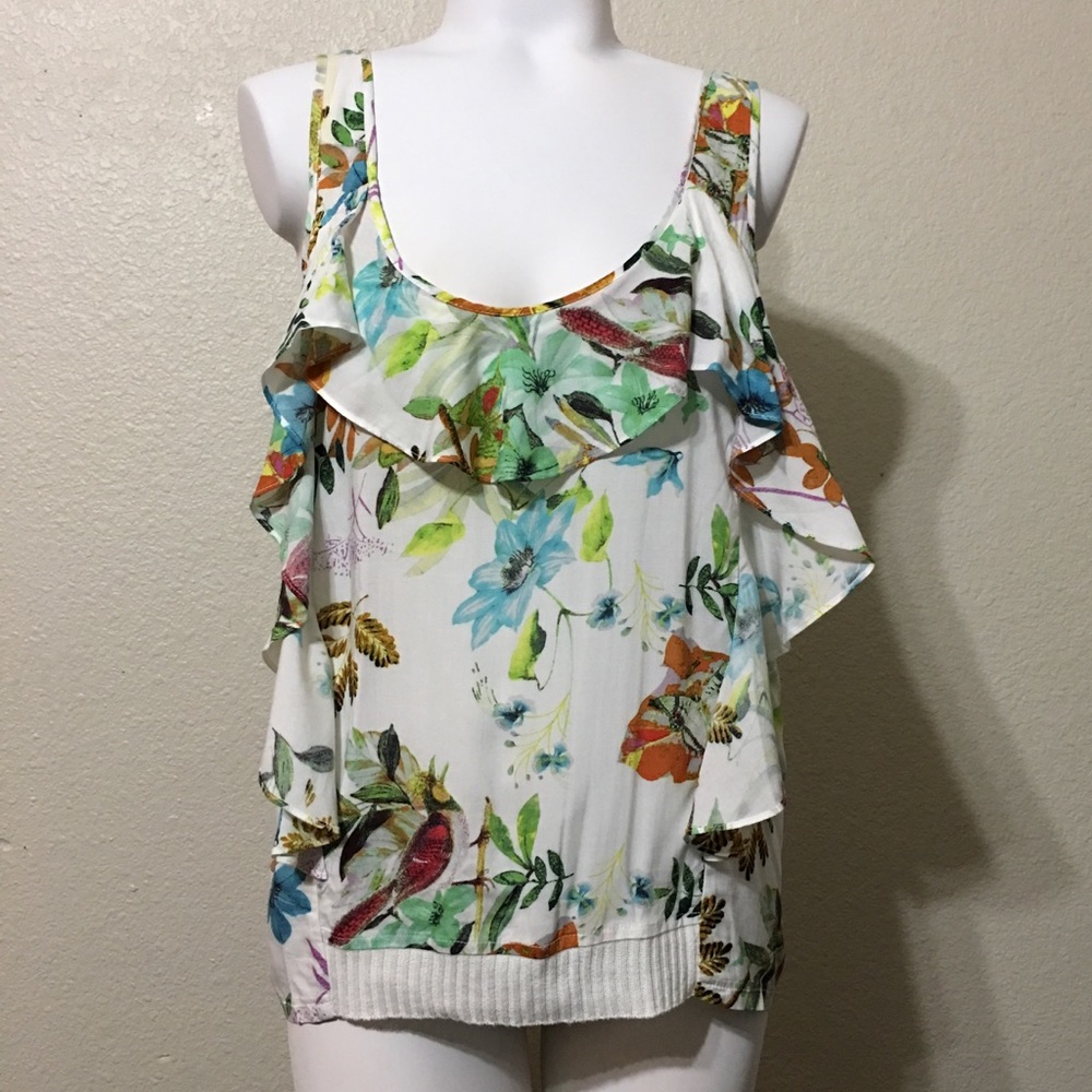 ZARA Floral Bird Print Ruffle Top